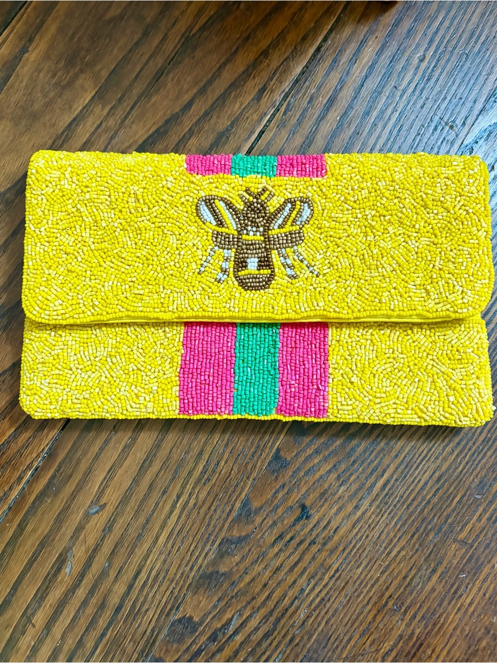 Shirdee Yellow Beaded Clutch with Pink and Green Stripe and Bee Accent